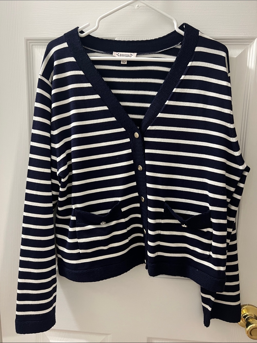 Nanette Lepore Navy & White Striped V-Neck Button Cardigan with Pockets